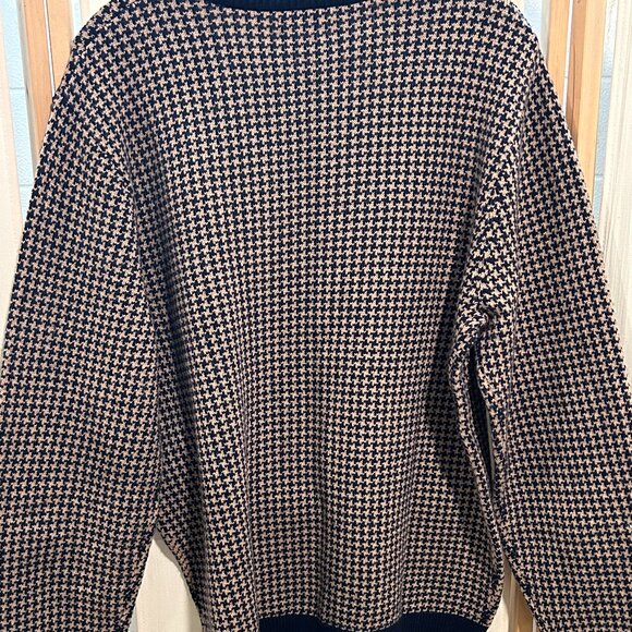 NWT J. CREW Sz L Lamb Wool Houndstooth Crewneck Brown /Navy Blue Preppy Sweater - Picture 3 of 7